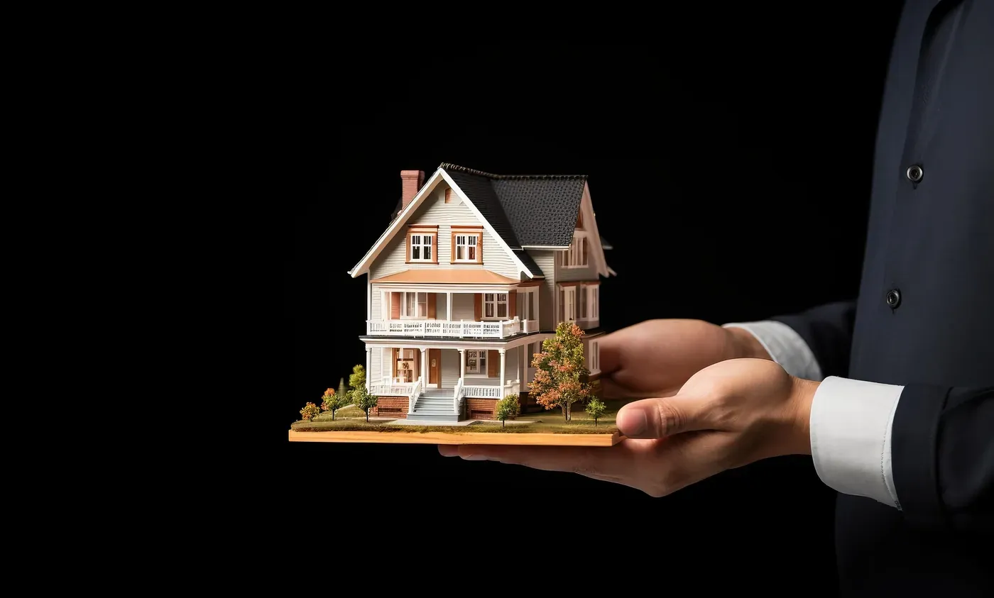 A house key and calculator beside small model houses, representing property financing